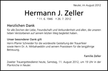 Anzeige von Hermann Zeller von Schwäbische Zeitung