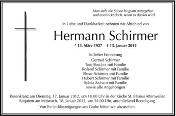 Anzeige von Hermann Schimer von Schwäbische Zeitung