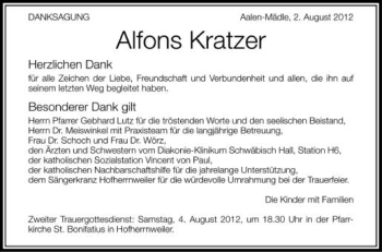 Anzeige von Alfons Kratzer von Schwäbische Zeitung