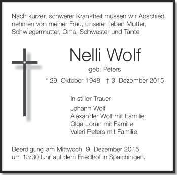 Anzeige von Nelli Wolf von Schwäbische Zeitung