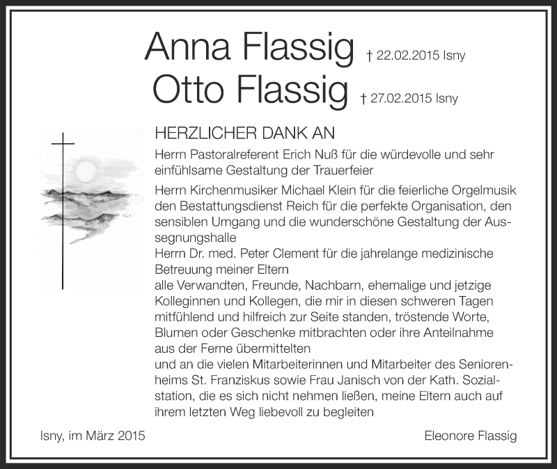  Traueranzeige für Otto und Anna Flassig vom 21.03.2015 aus Schwäbische Zeitung