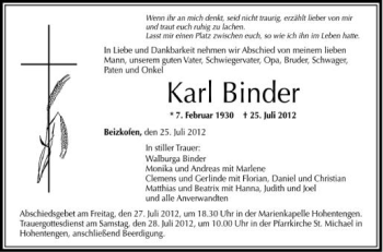 Anzeige von Karl Binder von Schwäbische Zeitung