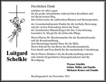 Anzeige von Luitgard Schelkle von Schwäbische Zeitung