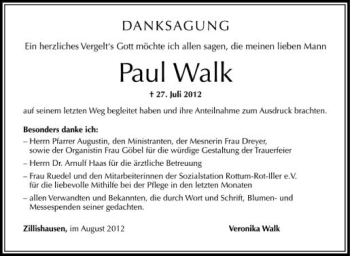 Anzeige von Paul Walk von Schwäbische Zeitung