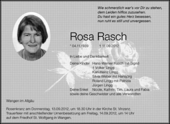 Anzeige von Rosa Rasch von Schwäbische Zeitung