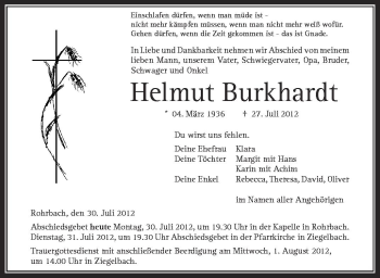 Anzeige von Helmut Burkhardt von Schwäbische Zeitung