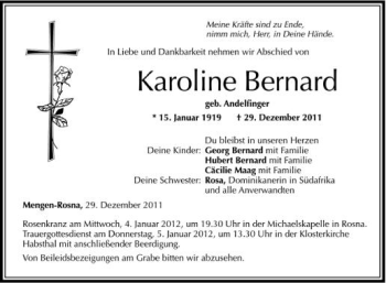 Anzeige von Karoline Bernard von Schwäbische Zeitung