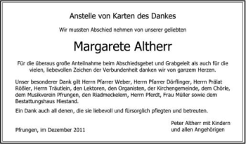 Anzeige von Margarete Altherr von Schwäbische Zeitung