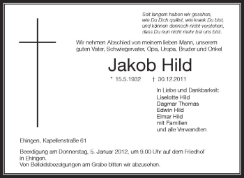 Anzeige von Jakob Hild von Schwäbische Zeitung