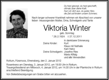 Anzeige von Viktoria Winter von Schwäbische Zeitung