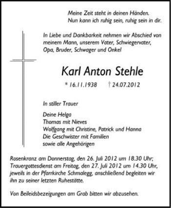 Anzeige von Karl Anton Stehle von Schwäbische Zeitung