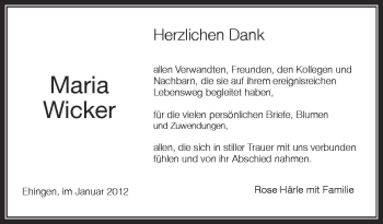Anzeige von Maria Wicker von Schwäbische Zeitung