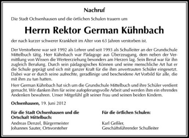  Traueranzeige für German Kühnbach vom 20.06.2012 aus Schwäbische Zeitung