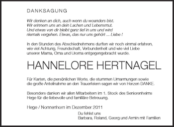 Anzeige von Hannelore Hertnagel von Schwäbische Zeitung
