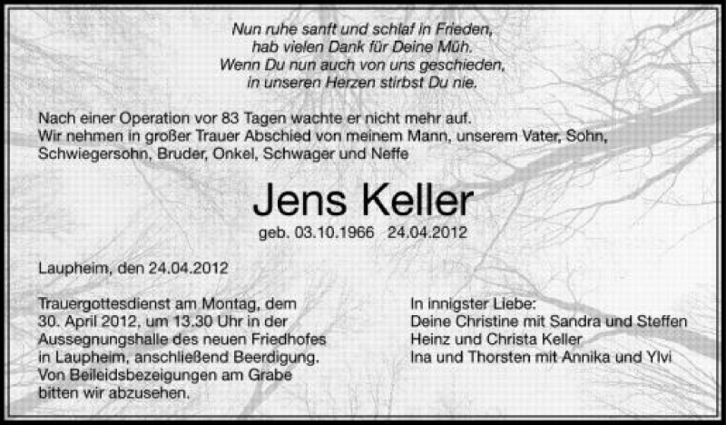  Traueranzeige für Jens Keller vom 27.04.2012 aus Schwäbische Zeitung