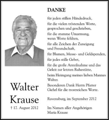 Anzeige von Walter Krause von Schwäbische Zeitung