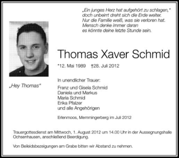 Anzeige von Thomas Xaver Schmid von Schwäbische Zeitung