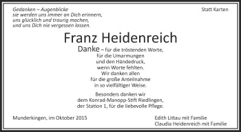 Anzeige von Franz Heidenreich von Schwäbische Zeitung