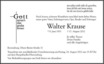 Anzeige von Walter Krause von Schwäbische Zeitung