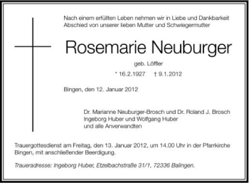 Anzeige von Rosemarie Neuburger von Schwäbische Zeitung