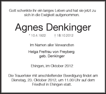 Anzeige von Agnes Denkinger von Schwäbische Zeitung