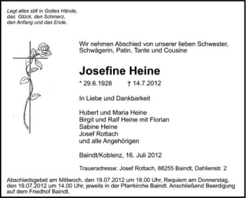 Anzeige von Josefine Heine von Schwäbische Zeitung