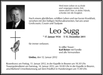 Anzeige von Leo Sugg von Schwäbische Zeitung