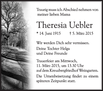 Anzeige von Theresia Uebler von Schwäbische Zeitung