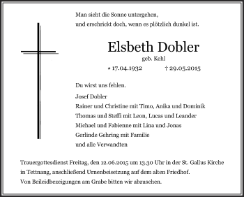 Anzeige von Elsbeth Dobler von Schwäbische Zeitung