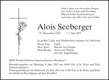 Anzeige von Alois Seeberger von Schwäbische Zeitung
