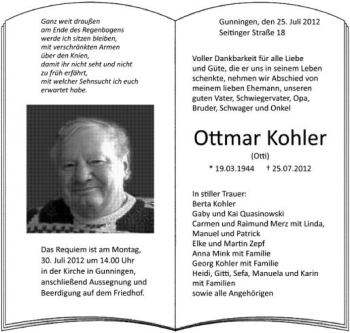 Anzeige von Ottmar Kohler von Schwäbische Zeitung