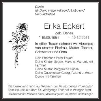 Anzeige von Erika Eckert von Schwäbische Zeitung
