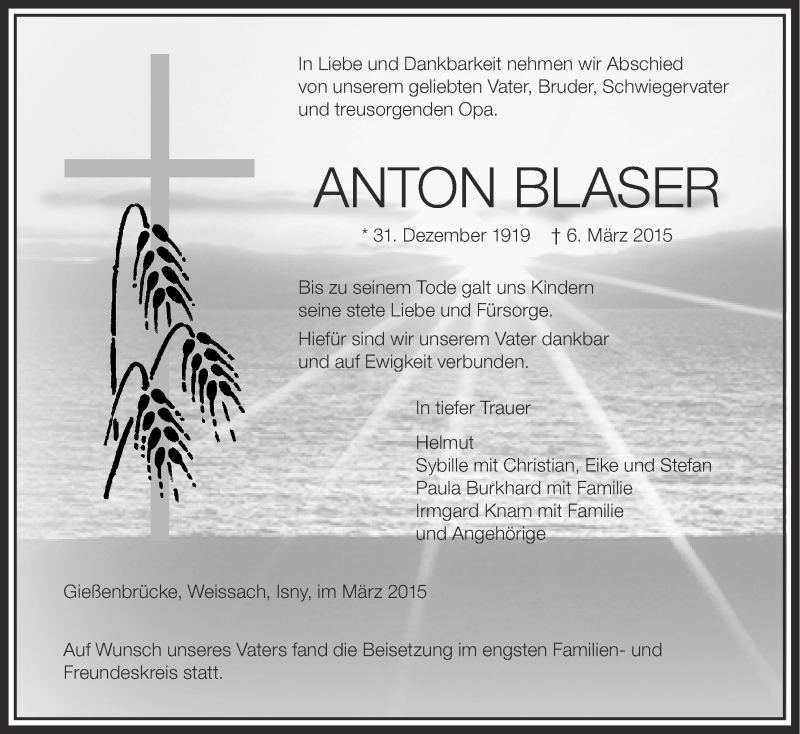  Traueranzeige für Anton Blaser vom 13.03.2015 aus Schwäbische Zeitung