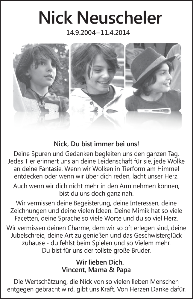  Traueranzeige für Nick Neuscheler vom 11.04.2015 aus Schwäbische Zeitung