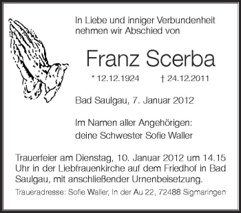 Anzeige von Franz Scerba von Schwäbische Zeitung