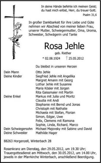 Anzeige von Rosa Jehle von Schwäbische Zeitung