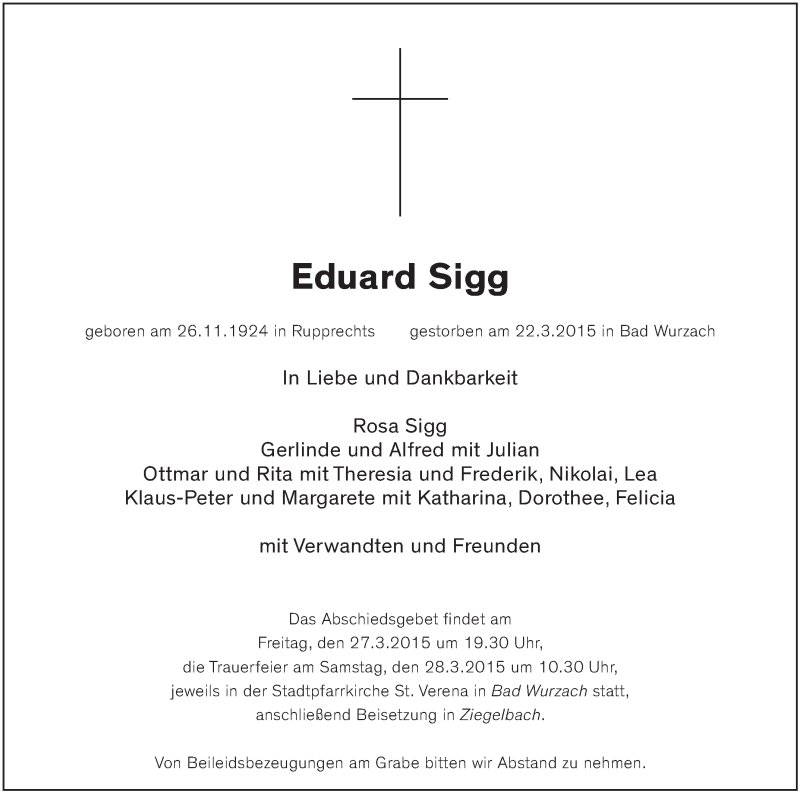  Traueranzeige für Eduard Sigg vom 25.03.2015 aus Schwäbische Zeitung