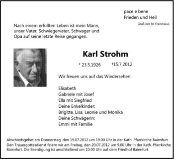 Anzeige von Karl Strohm von Schwäbische Zeitung