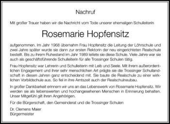 Anzeige von Rosemarie Hopfensitz von Schwäbische Zeitung