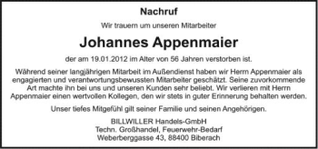 Anzeige von Johannes Appenmaier von Schwäbische Zeitung