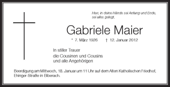 Anzeige von Gabriele Maier von Schwäbische Zeitung