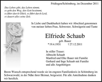 Anzeige von Elfriede Schaub von Schwäbische Zeitung