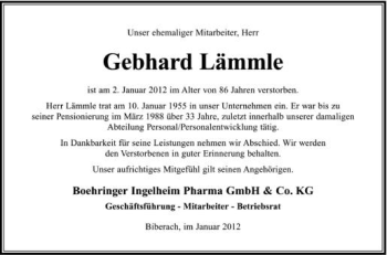 Anzeige von Gebhard Lämmle von Schwäbische Zeitung