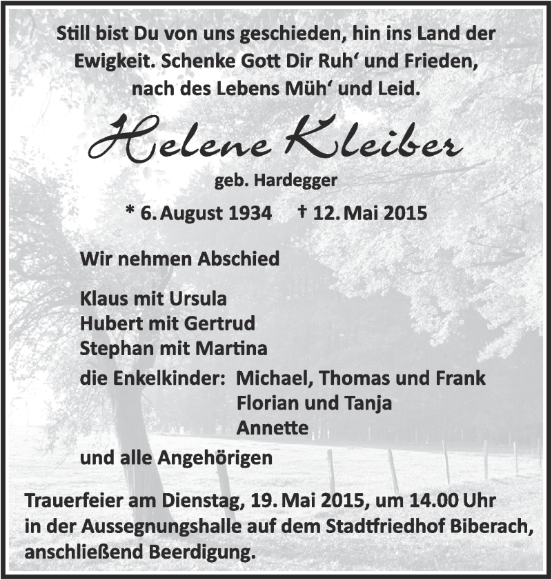  Traueranzeige für Helene Kleiber vom 16.05.2015 aus Schwäbische Zeitung