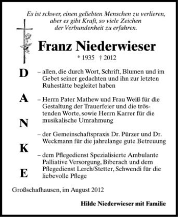 Anzeige von Franz Niederwieder von Schwäbische Zeitung