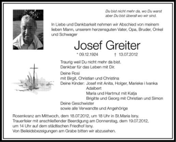 Anzeige von Josef Greiter von Schwäbische Zeitung