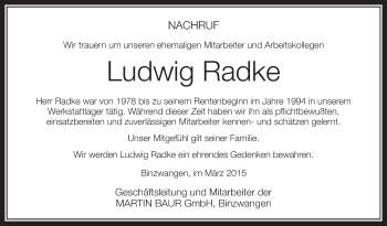 Anzeige von Ludwig Radke von Schwäbische Zeitung
