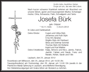 Anzeige von Josefa Bürk von Schwäbische Zeitung
