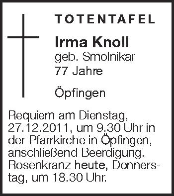 Anzeige von Irma Knoll von Schwäbische Zeitung
