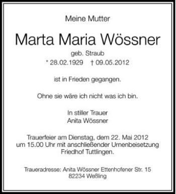 Anzeige von Marta Maria Wössner von Schwäbische Zeitung